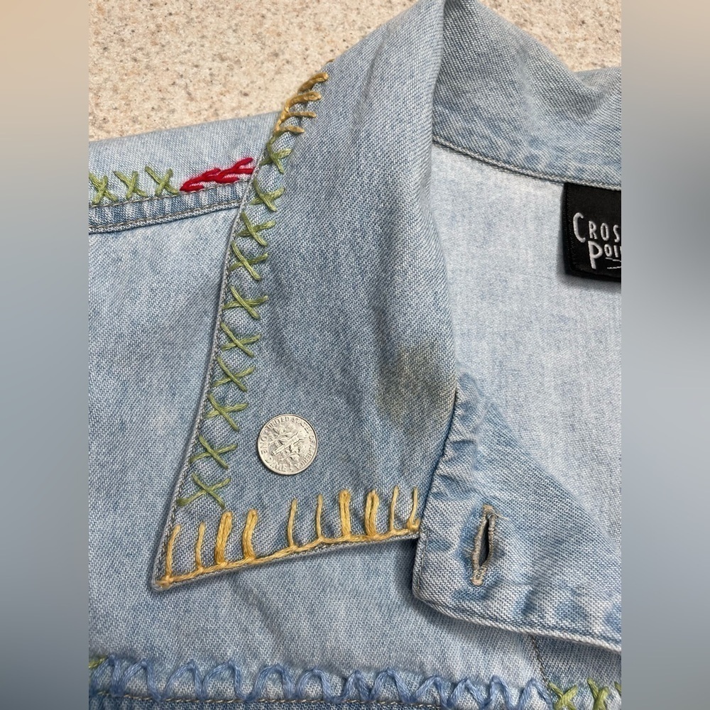 Denim Cotton Vest Colorful Contrast Stitching Size Large - Picture 6 of 7